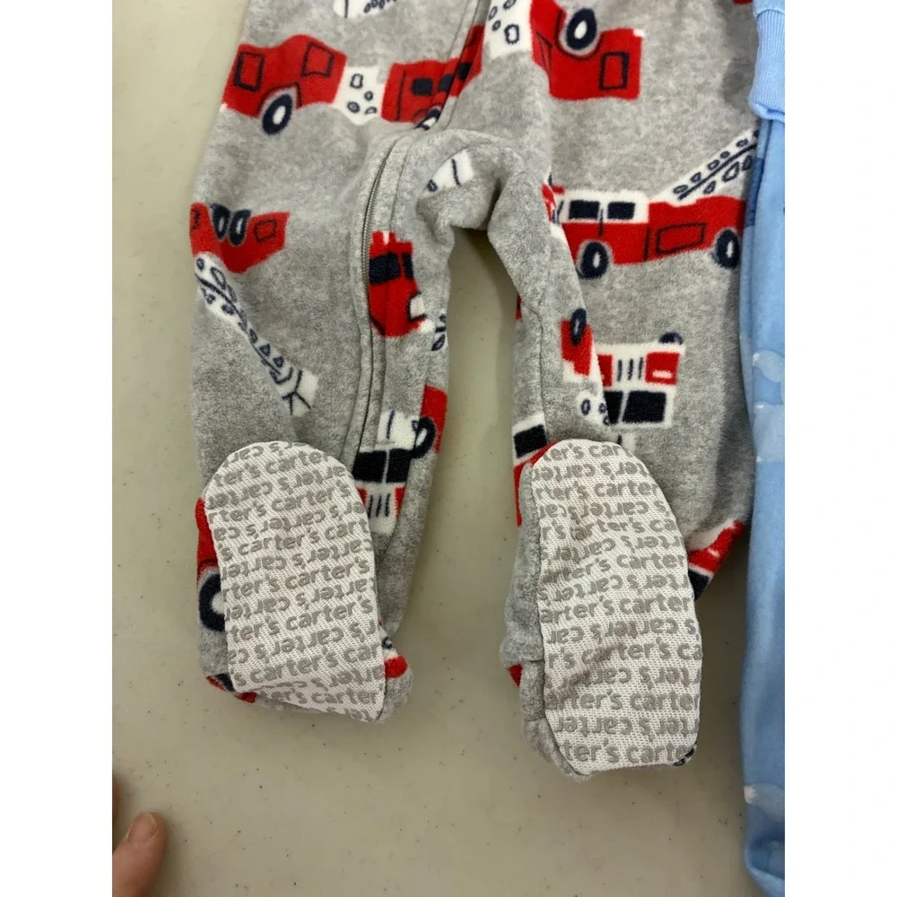 Carters 12M Fleece Footed Pajamas Set of 2 Fire Truck Polar Bear Blue Grey‎ PJs